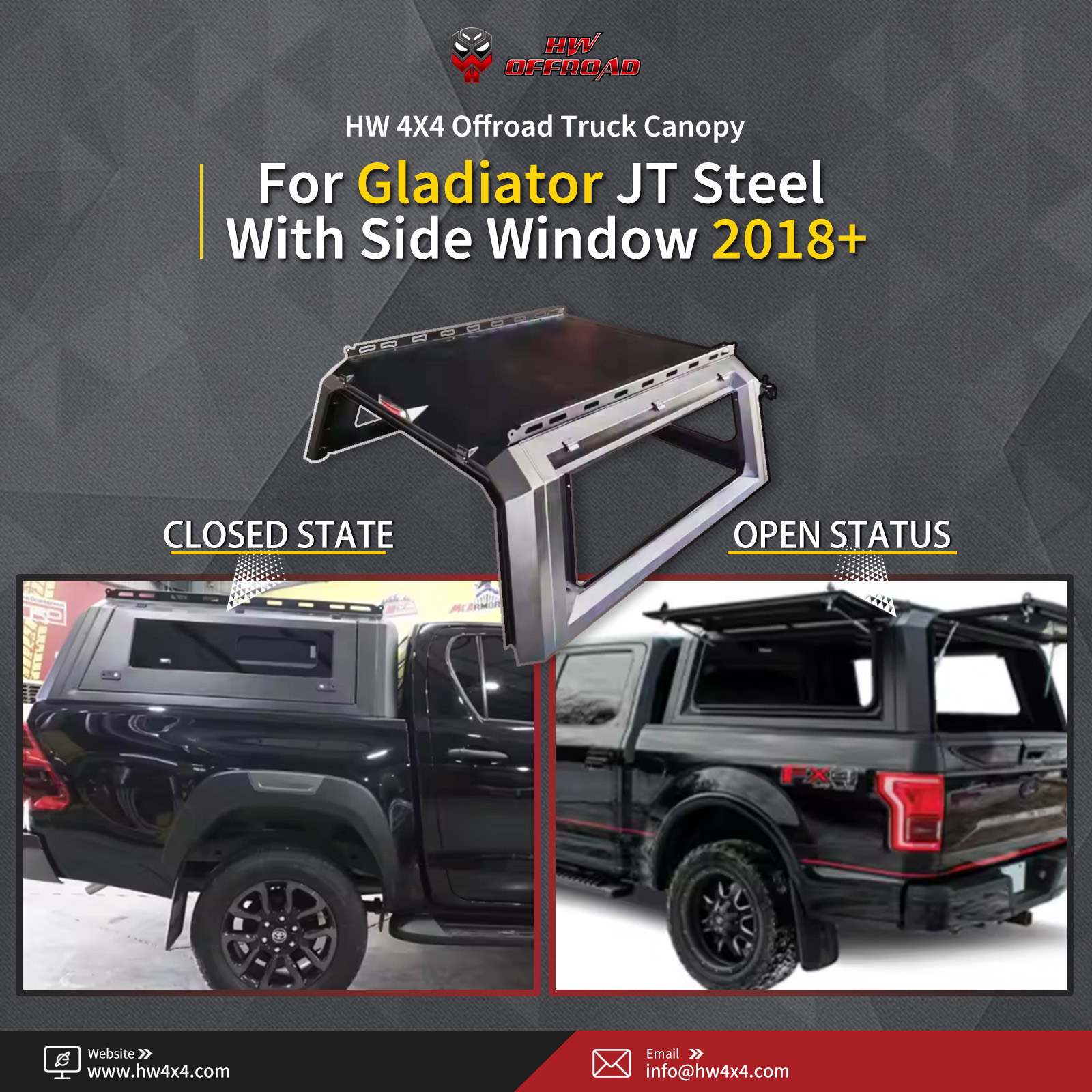 HW 4X4 Offroad Truck Canopy for Gladiator JT steel with side window 2018+