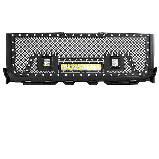 11-14 GMC Sierra 2500HD/3500HD All Evolution All Black Stainless Steel Wire Mesh Packaged Grille With Three LED Lights for GMC Sierra